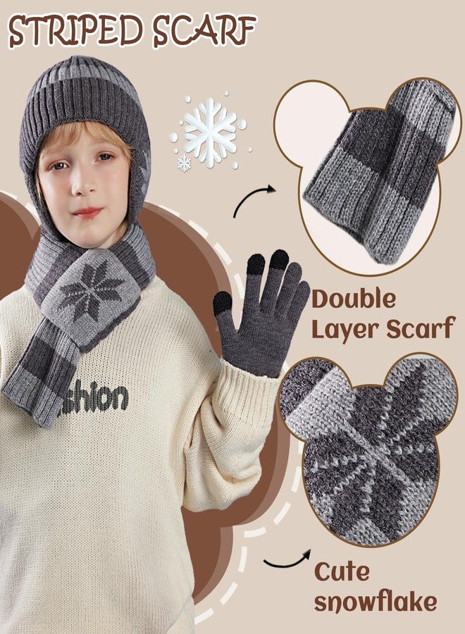 KMOLY Kids Winter Hat Scarf Gloves Set 3Pcs, 3-12Y Fleece Lined Beanie With Earmuffs Double Layer Scarf Touchscreen Gloves Toddlers (Brown) - Image 4