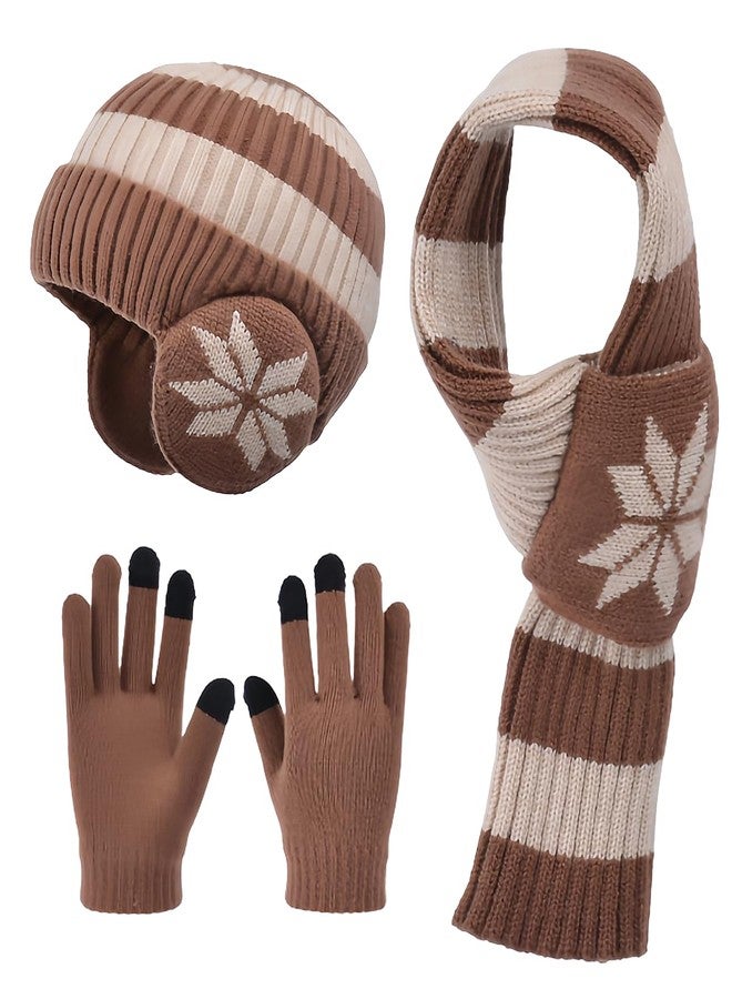 KMOLY Kids Winter Hat Scarf Gloves Set 3Pcs, 3-12Y Fleece Lined Beanie With Earmuffs Double Layer Scarf Touchscreen Gloves Toddlers (Brown) - Image 1