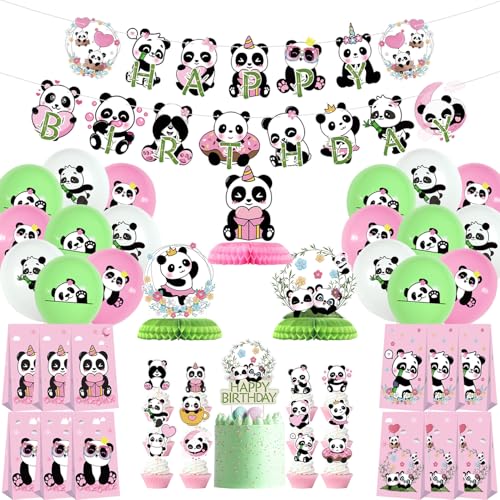KEFAN Panda Birthday Party Decorations for Girls Cute Panda Party Supplies including Banner Cake Toppers Table Centerpieces Candy Bags Balloons Panda Print Balloons for Girls Birthday Party - Image 1