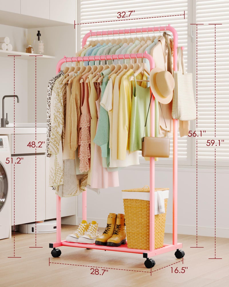 Sakugi Clothes Rack - Double Rods Clothing Rack with Mesh Shelf, Hooks & Wheels, Metal Clothing Racks for Hanging Clothes & Bags, Multifunctional Garment Rack for Laundry, Pink, 28.7" x 16.5" x 59.1" - Image 2