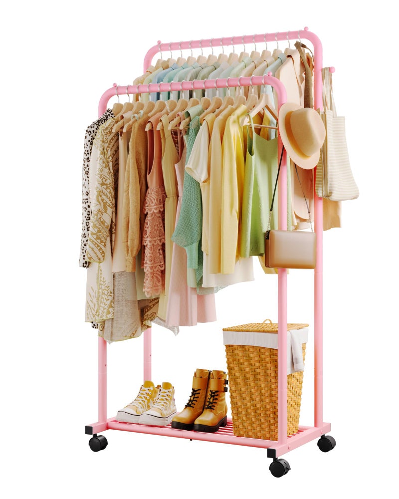 Sakugi Clothes Rack - Double Rods Clothing Rack with Mesh Shelf, Hooks & Wheels, Metal Clothing Racks for Hanging Clothes & Bags, Multifunctional Garment Rack for Laundry, Pink, 28.7" x 16.5" x 59.1" - Image 1