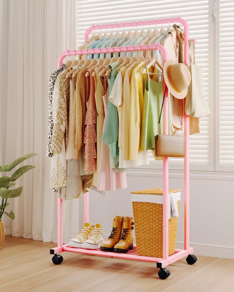 Sakugi Clothes Rack - Double Rods Clothing Rack with Mesh Shelf, Hooks & Wheels, Metal Clothing Racks for Hanging Clothes & Bags, Multifunctional Garment Rack for Laundry, Pink, 28.7" x 16.5" x 59.1" - Image 3