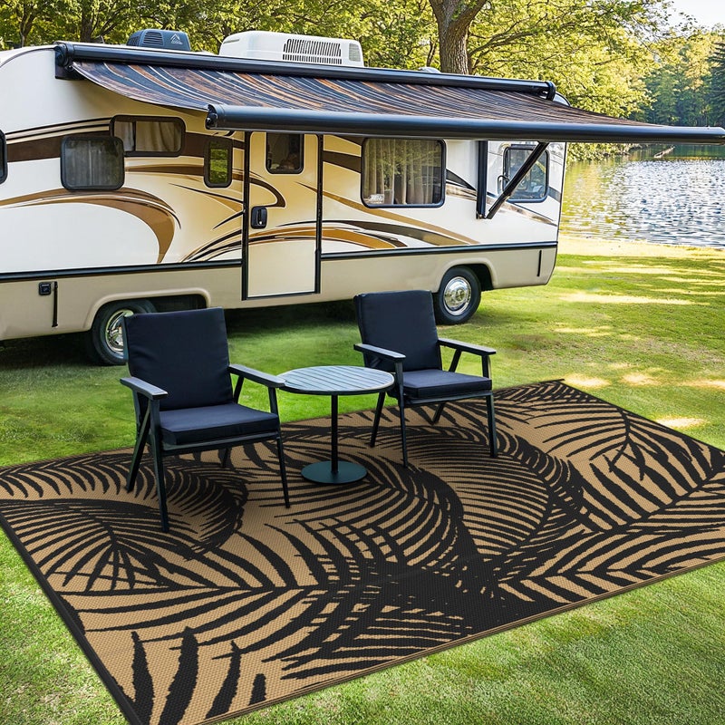 GENIMO Outdoor Rug 6' x 9' Waterproof for Patio Clearance, Reversible Plastic Straw Camping Carpet, Lightweight Mats for Rv, Backyard, Deck, Porch, Picnic, Beach, Balcony, Black & Brown - Image 2