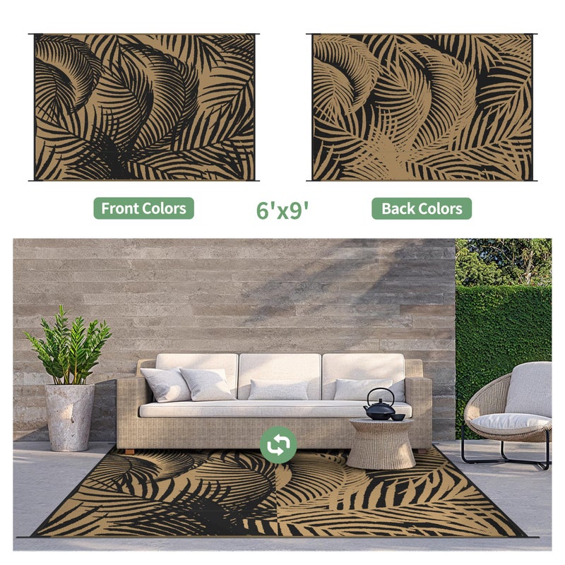 GENIMO Outdoor Rug 6' x 9' Waterproof for Patio Clearance, Reversible Plastic Straw Camping Carpet, Lightweight Mats for Rv, Backyard, Deck, Porch, Picnic, Beach, Balcony, Black & Brown - Image 3
