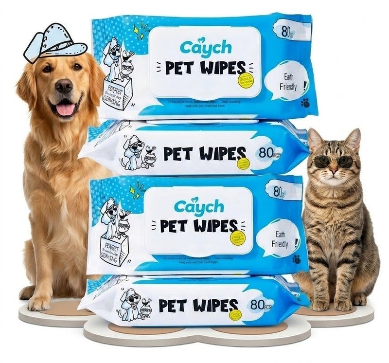 CAYCH Pet Wipes 80 x 4 - 320 Sheets for Dogs and Cats Antibacterial Hypoallergenic Grooming Wipes Deodorizing Eco Friendly Cleaning Wipes for Paws Body Eyes Ears and Daily Use - Image 1