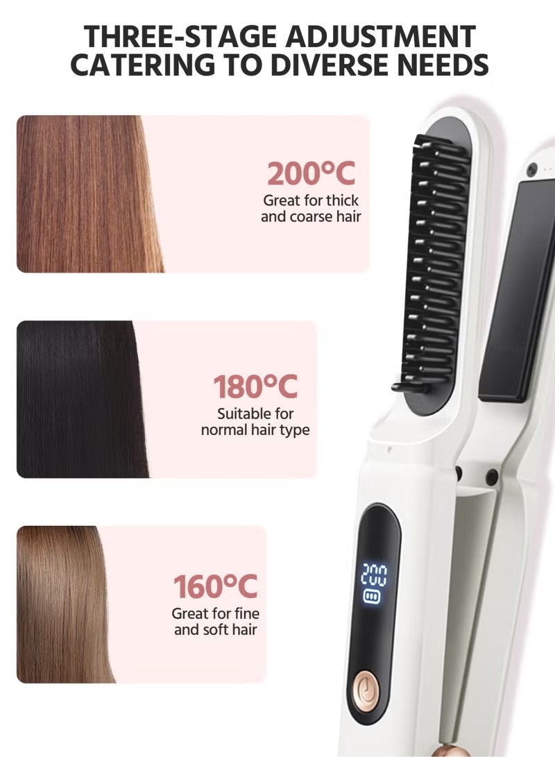Electric Hair Straightener Brush, Ceramic Ionic Hair Straightening Comb & Curler, Fast Heating, 3 Temps, Anti-Scald Electric Flat Iron, White - Image 5