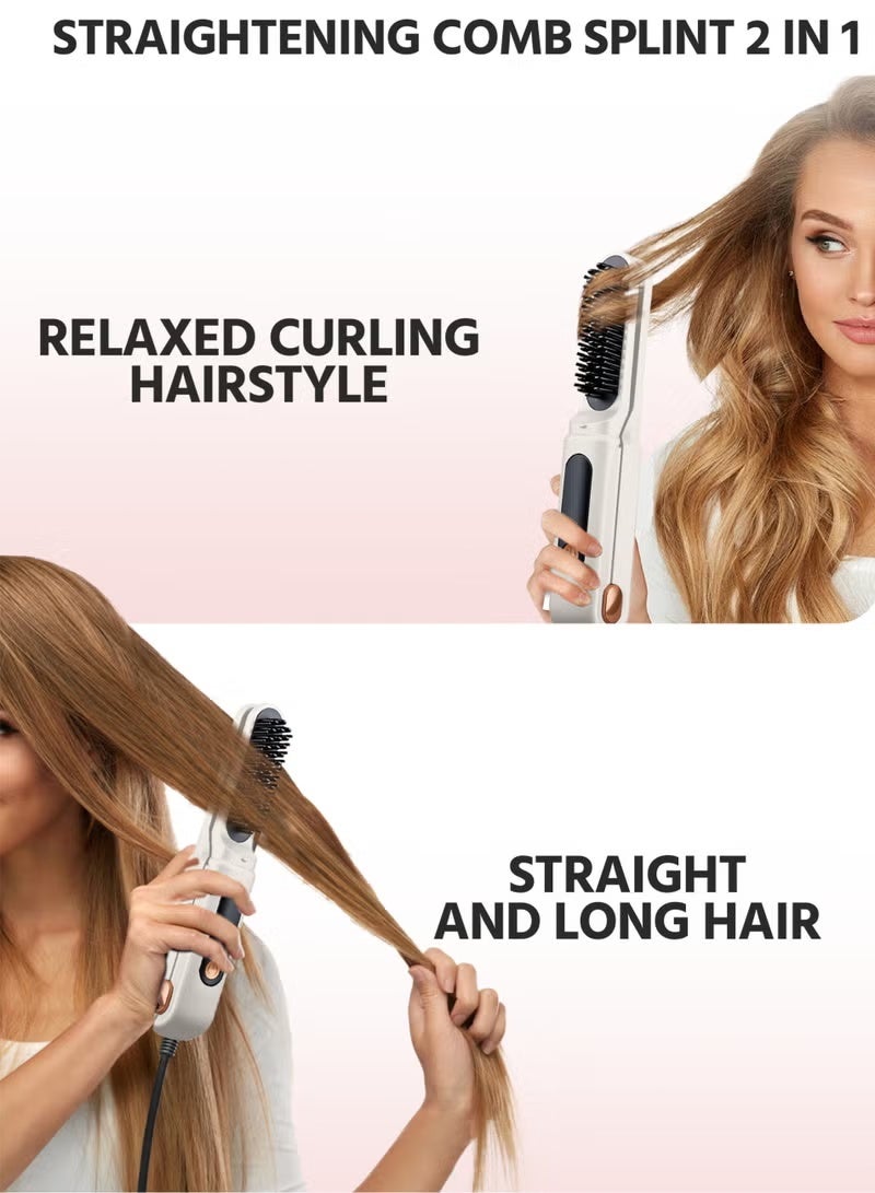 Electric Hair Straightener Brush, Ceramic Ionic Hair Straightening Comb & Curler, Fast Heating, 3 Temps, Anti-Scald Electric Flat Iron, White - Image 2
