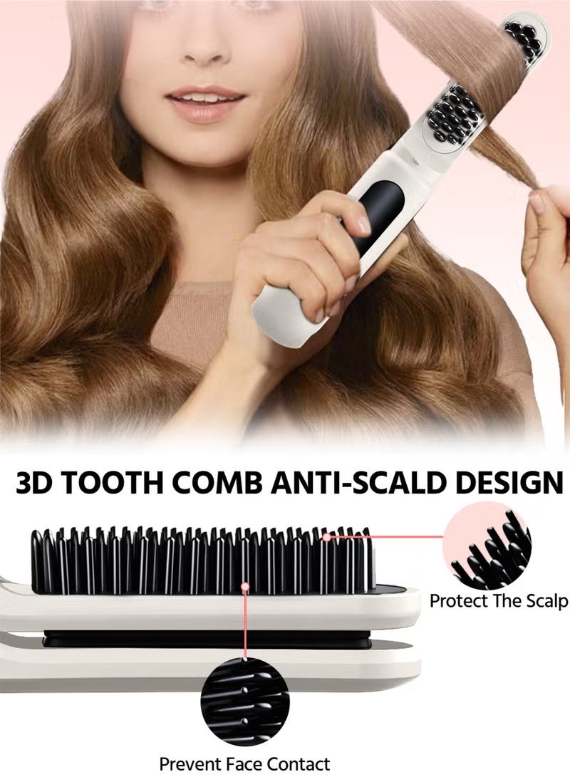 Electric Hair Straightener Brush, Ceramic Ionic Hair Straightening Comb & Curler, Fast Heating, 3 Temps, Anti-Scald Electric Flat Iron, White - Image 3