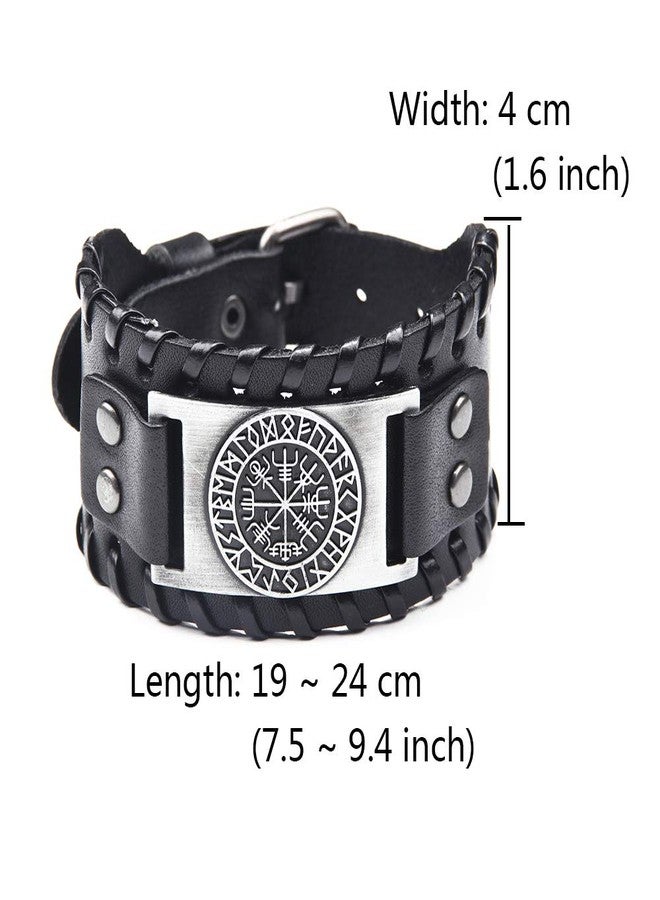 Juland Punk Braided Rope Alloy Bracelet Bangle Wristband Genuine Leather Bracelet Mens Leather Cuff Bracelet Pirate Wristbands Wide Cuff Leather Wrap Adjustable - Black - Image 5