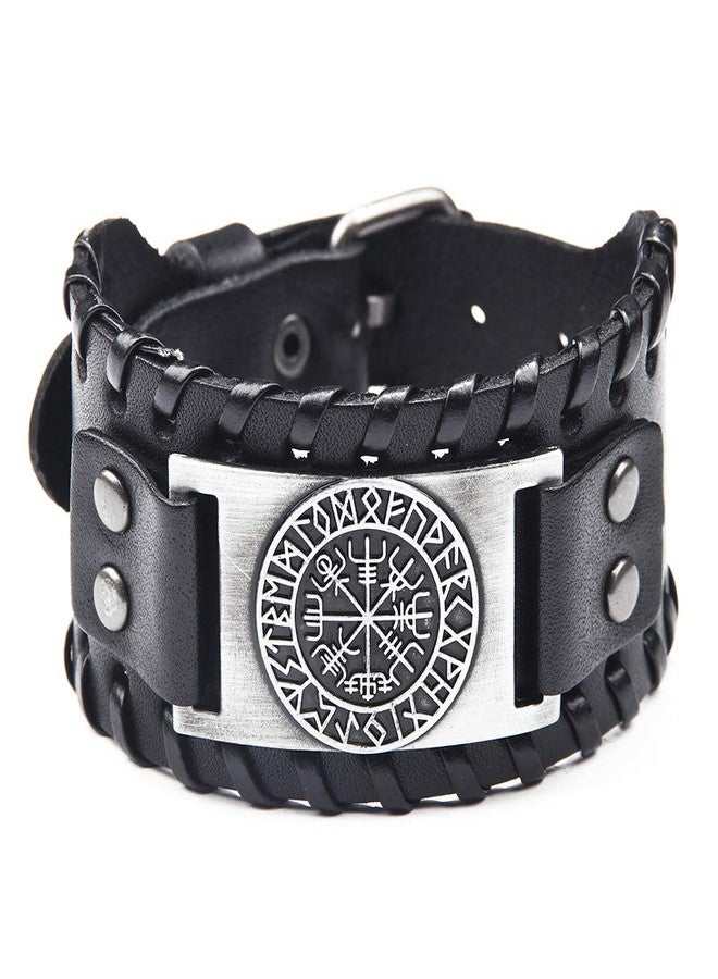 Juland Punk Braided Rope Alloy Bracelet Bangle Wristband Genuine Leather Bracelet Mens Leather Cuff Bracelet Pirate Wristbands Wide Cuff Leather Wrap Adjustable - Black - Image 2
