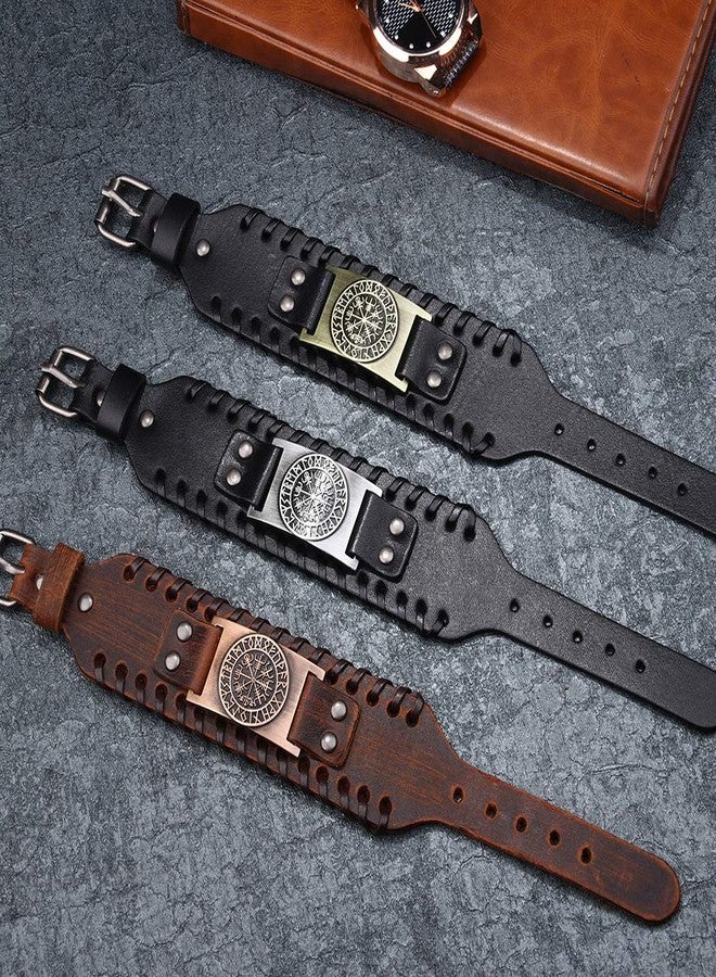 Juland Punk Braided Rope Alloy Bracelet Bangle Wristband Genuine Leather Bracelet Mens Leather Cuff Bracelet Pirate Wristbands Wide Cuff Leather Wrap Adjustable - Black - Image 3