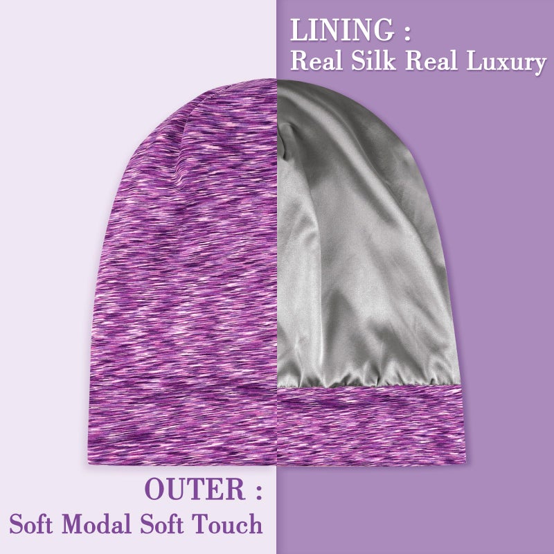 LULUSILK Mulberry Silk Lined Sleep Cap, No More Frizzy Tangled Hair, Stay On Silk Hair Wrap for Sleeping with Adjustable Strap, Silk Bonnet for Women and Men, Assorted Color Purple, Pack of 1 - Image 2