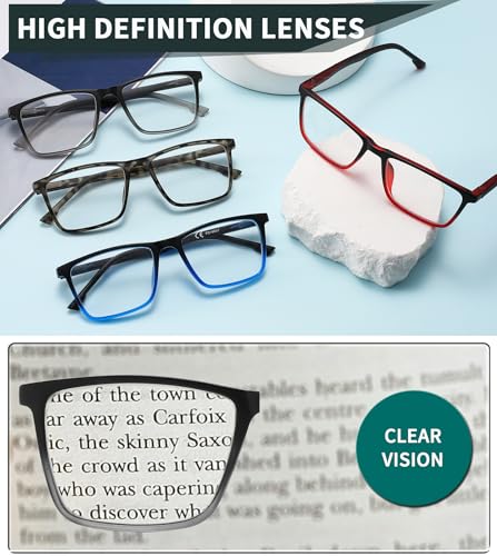 READITEASY 1.25 Reading Glasses Men Blue Light Blocking 4 Pack, Wide Computer Readers for Men with Spring Hinge Reduce Eyestrain/UV/Dryness, Square Large Trendy Eyeglasses 1.25+ - Image 3