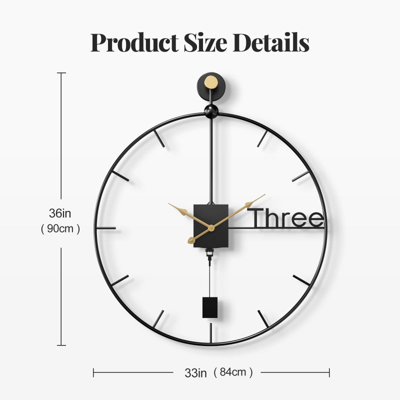 Cuspin Extra Large Wall Clock 36 inch Battery Operated Wall Clock with Pendulum, Modern Silent Non-Ticking Metal Clock for Living Room Decor, Decorative Hanging Clock for Bedroom, Office, Kitchen, Home - Image 5