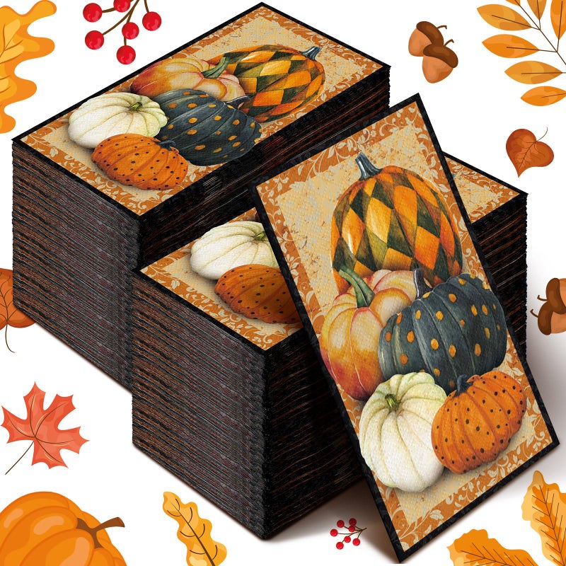 Karenhi Karenhi 200 Pieces Pumpkin Disposable Hand Towels for Bathroom 2 Ply Paper Guest Towels Autumn Geometric Disposable Napkin Paper Hand Towels for Bathroom Decorative Napkins for Party Holiday Bathroom - Image 1
