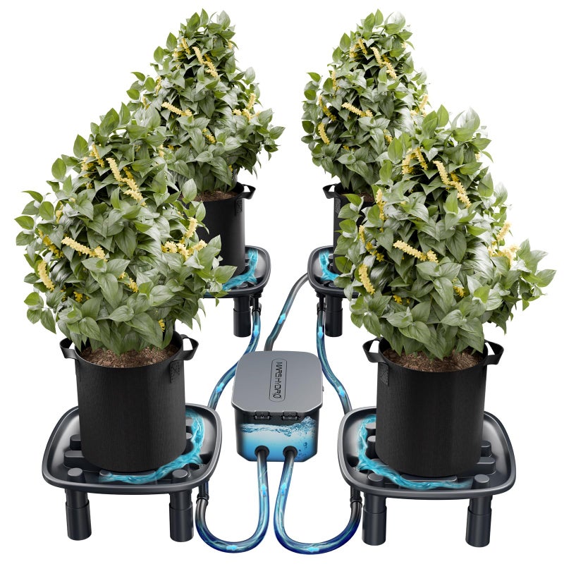 MARS HYDRO Auto Drainage System with Water Pump, 4 Elevated Runoff Trays & 4-Pack 5 Gallon Grow Bags, Plant Drainage Saucers for Indoor Plants Grow Tents - Image 1