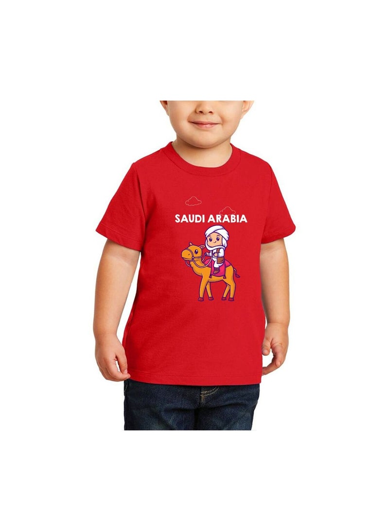 Saudi Arabia-Themed Boys Souvenir T-Shirt for Kids - Short Sleeve Round Neck Cotton Tshirt - Saudi Design with Camel - Ideal for School, Playtime - Image 1