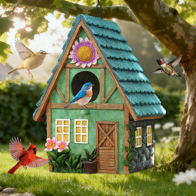 MINWOLF Bird Houses for Outside Cottage-Style Hanging Birdhouse with Flower Accents â€“ Hand-Painted Resin Decorative Birdhouses for Outdoors for Bluebird Finches Cardinals Bird Nesting Garden, Patio, Yard - Image 1