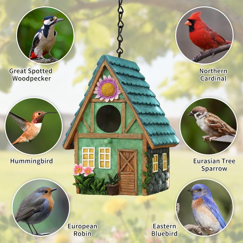 MINWOLF Bird Houses for Outside Cottage-Style Hanging Birdhouse with Flower Accents â€“ Hand-Painted Resin Decorative Birdhouses for Outdoors for Bluebird Finches Cardinals Bird Nesting Garden, Patio, Yard - Image 2