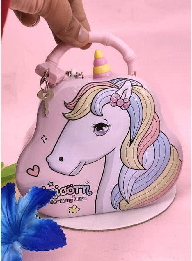Tera13 Tera 13 Unicorn Piggy Bank for Girls (1 PCS) Stylish Money Piggy Bank for Kids Money Saving Tin Coin Bank with Lock and Key Return Gifts Birthday for Kids - Image 4