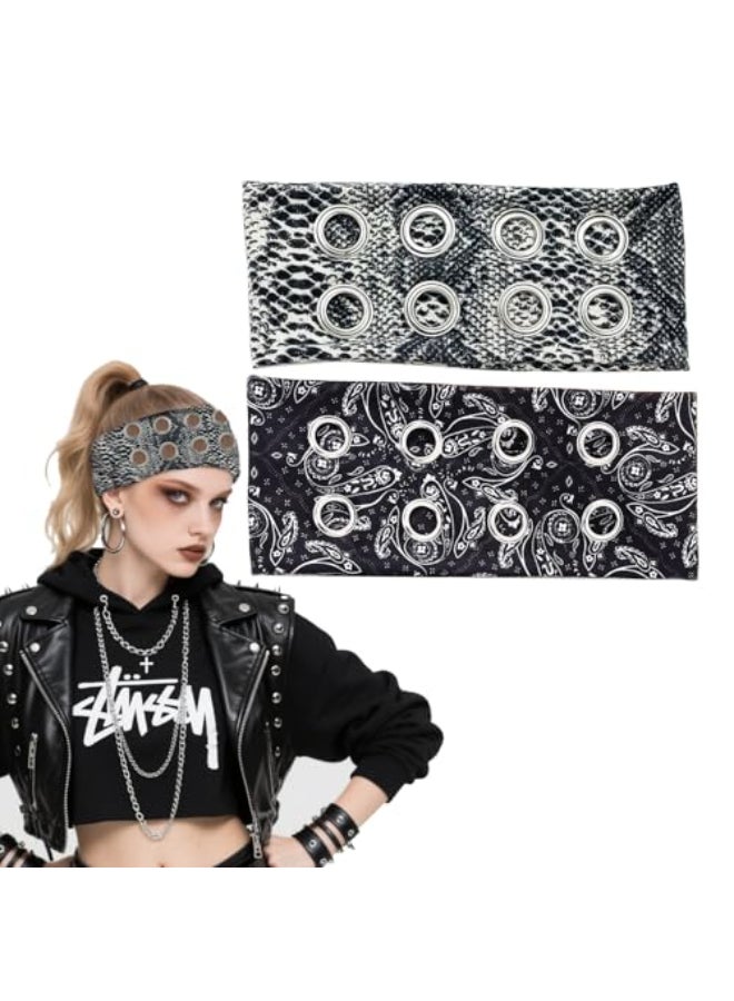 Aaiffey Grommet Wide Headbands for Women Hollow Out Eyelets Elastic Headband Girls Punk Grunge Stretchy Head Wrap for Streetwear Rock Style Hair Accessories 2 Pack - Image 1