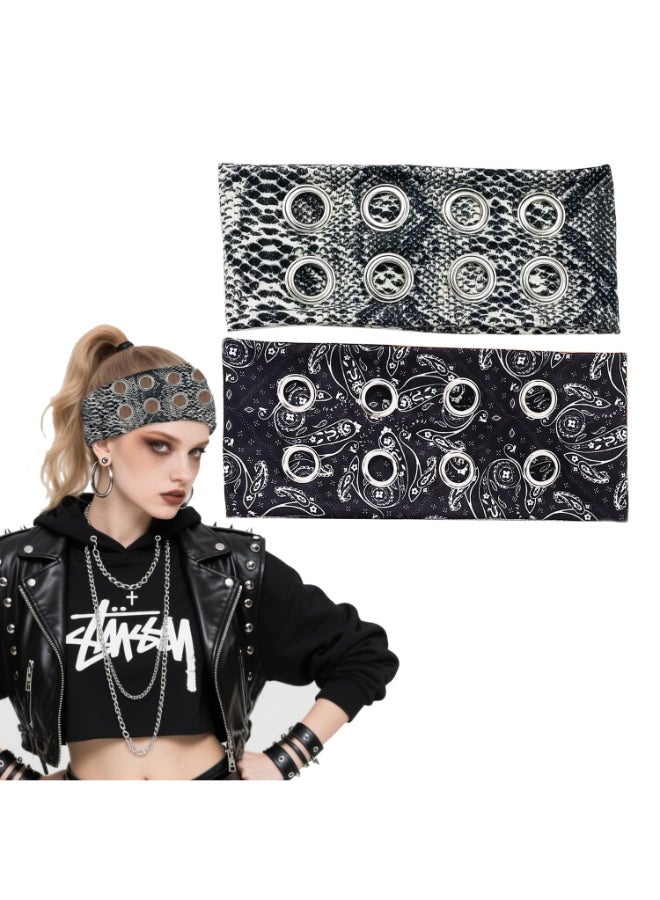 Aaiffey Grommet Wide Headbands for Women Hollow Out Eyelets Elastic Headband Girls Punk Grunge Stretchy Head Wrap for Streetwear Rock Style Hair Accessories 2 Pack - Image 2