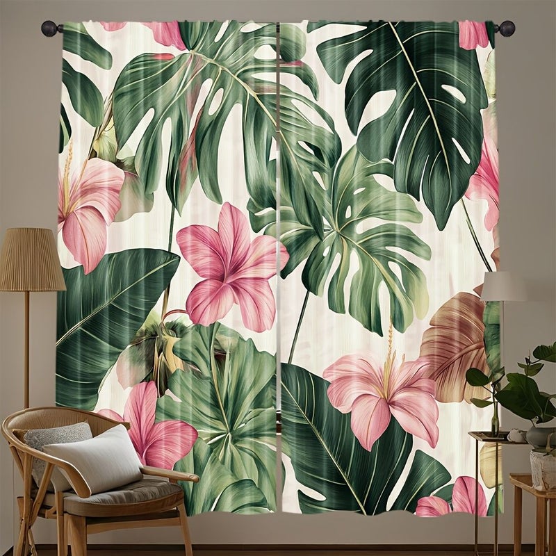 Set Of 2 Green And Pink Sheer Curtains For Windows 60x150cm Polyester Machine Washable Living Room Bedroom Kitchen Office Decoration - Image 1
