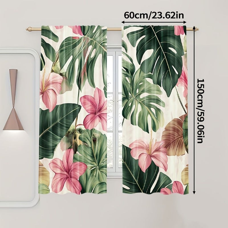 Set Of 2 Green And Pink Sheer Curtains For Windows 60x150cm Polyester Machine Washable Living Room Bedroom Kitchen Office Decoration - Image 3