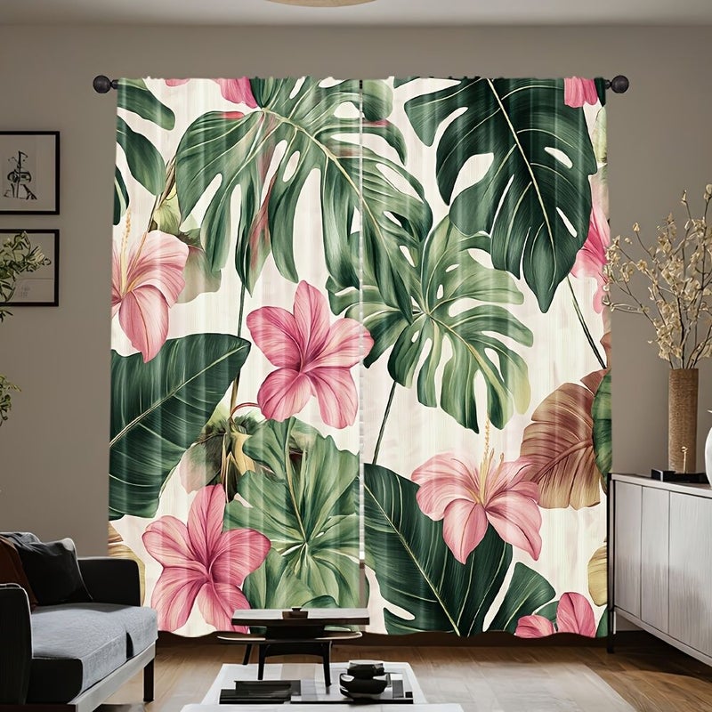 Set Of 2 Green And Pink Sheer Curtains For Windows 60x150cm Polyester Machine Washable Living Room Bedroom Kitchen Office Decoration - Image 2