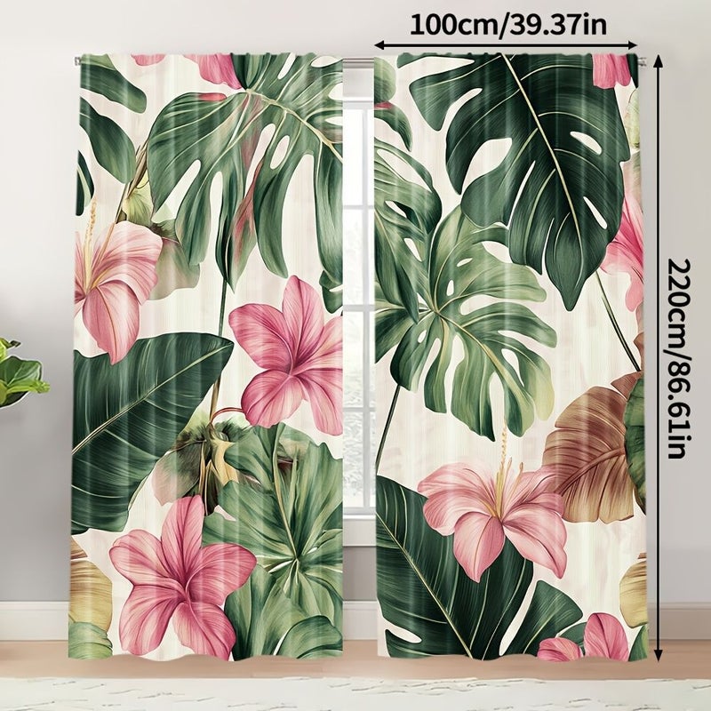Set Of 2 Green And Pink Sheer Curtains For Windows 60x150cm Polyester Machine Washable Living Room Bedroom Kitchen Office Decoration - Image 5