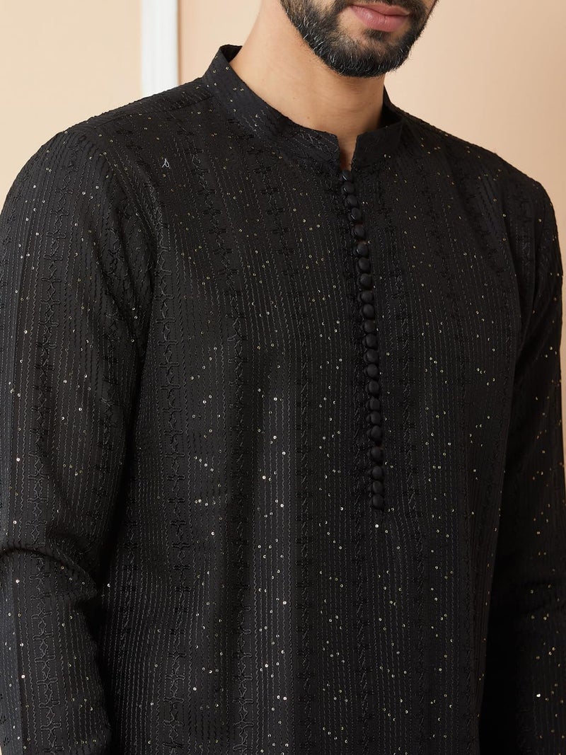 See Designs Men's Long Sleeve Mandarin Collar Side Slit Black Embroidered Thread Work Sequinned Chanderi Silk Straight Kurta - SDKT2513L - Image 4