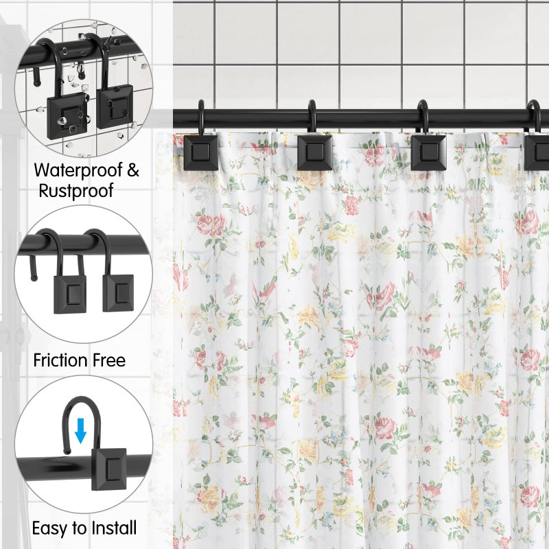 GILLAS Shower Curtain Decorative Hooks, Set of 12 Shower Curtain Rod Rings for Bathroom Rust Resistant Square, Black - Image 5