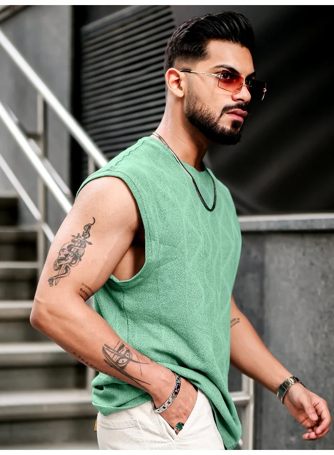 مانياك Mens Solid Textured Round Neck Sleeveless Berly Green PolyCotton T-Shirt