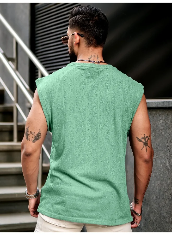 مانياك Mens Solid Textured Round Neck Sleeveless Berly Green PolyCotton T-Shirt