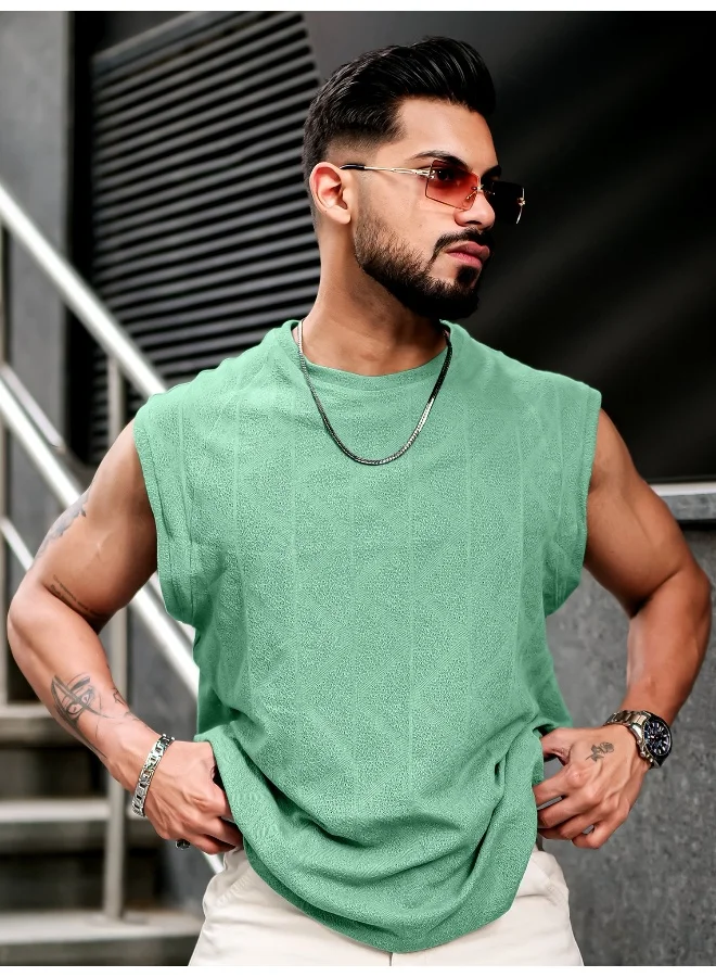 مانياك Mens Solid Textured Round Neck Sleeveless Berly Green PolyCotton T-Shirt