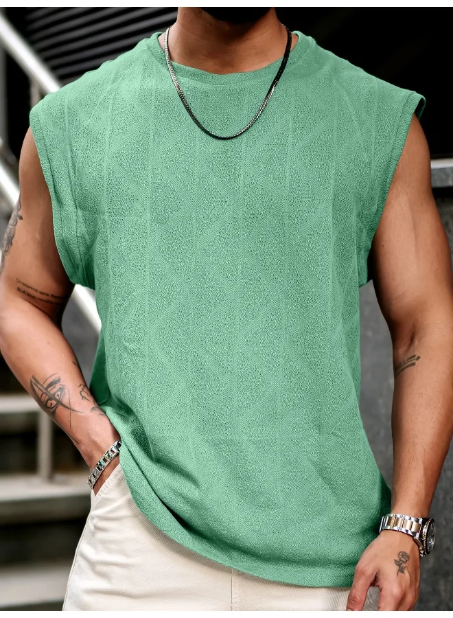 مانياك Mens Solid Textured Round Neck Sleeveless Berly Green PolyCotton T-Shirt