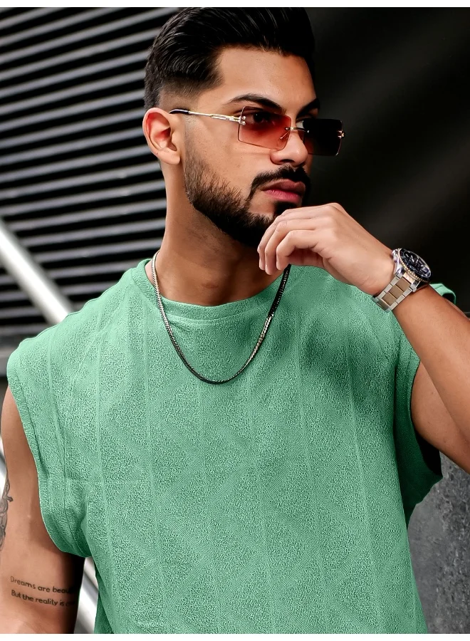 مانياك Mens Solid Textured Round Neck Sleeveless Berly Green PolyCotton T-Shirt