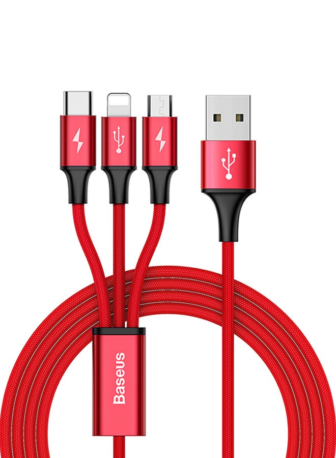 بيسوس كابل من سلسلة رابيد لنقل البيانات والشحن السريع 3 في 1 بموصل مايكرو USB وموصل بعدد 8 أسنان وموصل Type-C بطول 1.2 متر أحمر - Image 1
