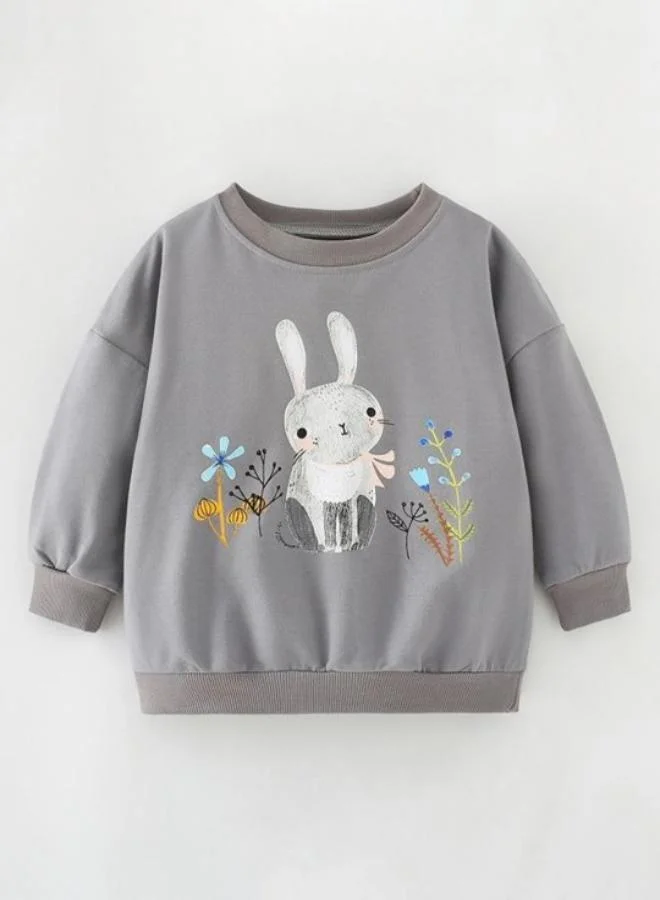يونيكي Grey Printed Long Sleeve Crew Neck T-Shirt