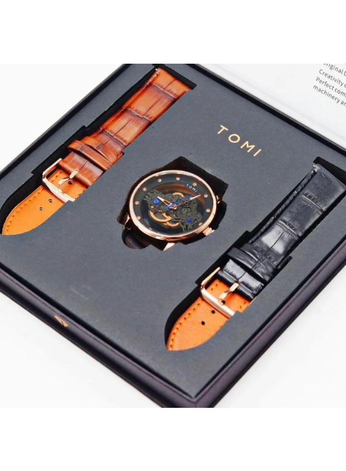 TOMI Men’s Skeleton Watch – Luxury Rose Gold Analog Wristwatch with Mechanical Open Dial Design - Image 2
