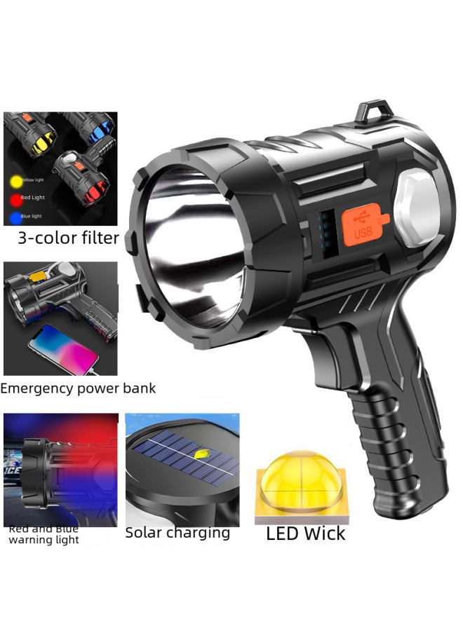 W5114 Handheld Outdoor Led High-brightness Searchlight Solar Charging Treasure Stand Portable Lantern Decorative Lighting-Color:T-78(3 Color Filter) Solar Rechargeable Portable Lamp [with Stand]  - Image 1