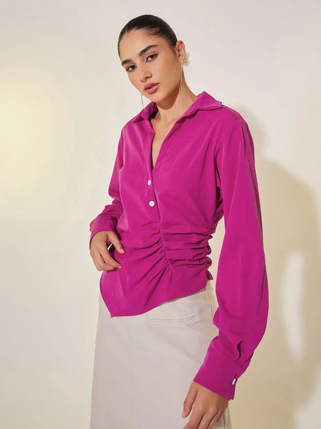 تايك تو قميص لف بأكمام طويلة وياقة على شكل  بلونين صلبين