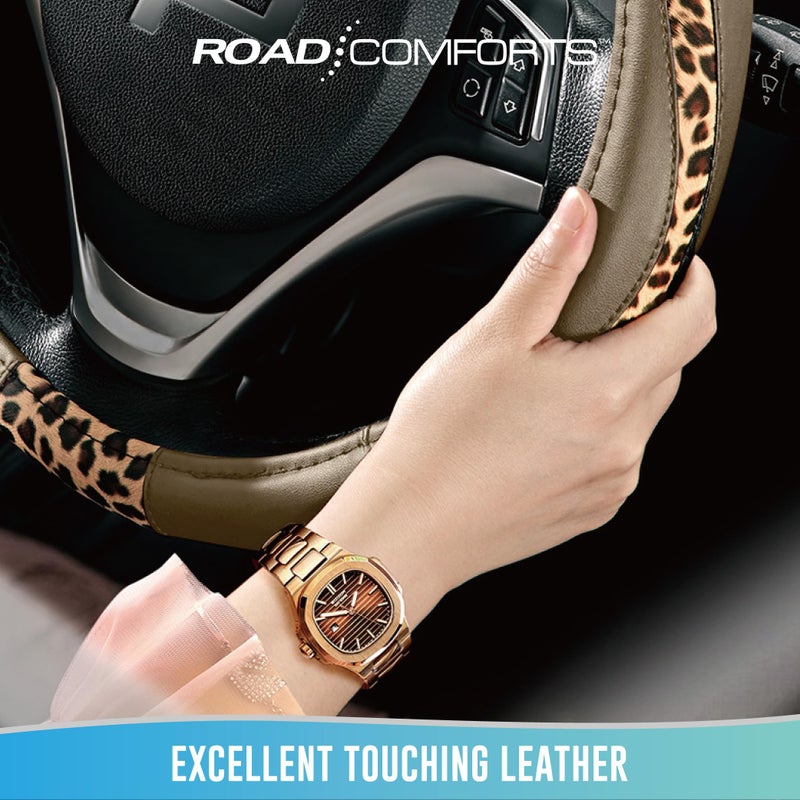 Road Comforts Steering Wheel Cover - Made with PVC Leather and Leopard Fabric - Universal 14 1/2 inches to 15 inches for Most Automotive Steering Wheel - Cheetah Print -Beige - Image 5