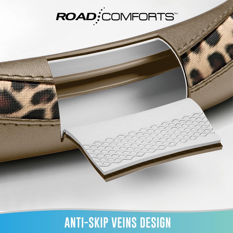 Road Comforts Steering Wheel Cover - Made with PVC Leather and Leopard Fabric - Universal 14 1/2 inches to 15 inches for Most Automotive Steering Wheel - Cheetah Print -Beige - Image 4