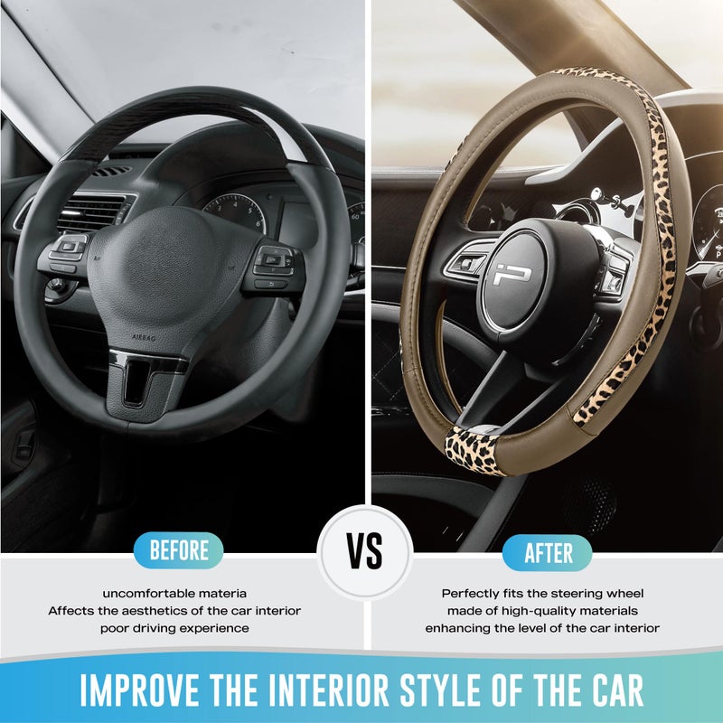 Road Comforts Steering Wheel Cover - Made with PVC Leather and Leopard Fabric - Universal 14 1/2 inches to 15 inches for Most Automotive Steering Wheel - Cheetah Print -Beige - Image 3