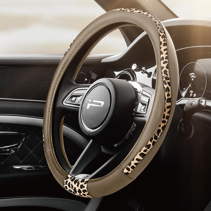 Road Comforts Steering Wheel Cover - Made with PVC Leather and Leopard Fabric - Universal 14 1/2 inches to 15 inches for Most Automotive Steering Wheel - Cheetah Print -Beige - Image 1