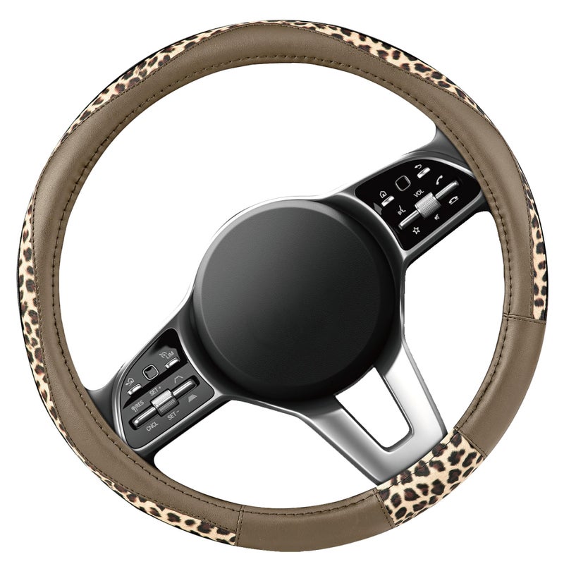 Road Comforts Steering Wheel Cover - Made with PVC Leather and Leopard Fabric - Universal 14 1/2 inches to 15 inches for Most Automotive Steering Wheel - Cheetah Print -Beige - Image 2