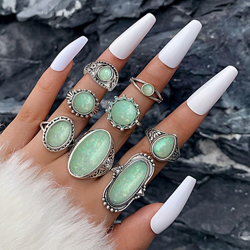 ANGLEQUEEN Western Turquoise Ring Set for Women Vintage Turquoise Rings Country Concert Outfits Boho Jewelry Bohemian Cowboy Cowgirl Accessorie (B-Green) - Image 2
