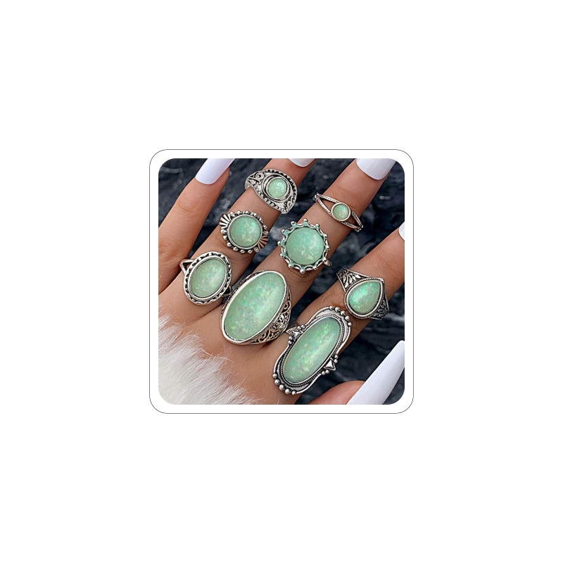 ANGLEQUEEN Western Turquoise Ring Set for Women Vintage Turquoise Rings Country Concert Outfits Boho Jewelry Bohemian Cowboy Cowgirl Accessorie (B-Green) - Image 1