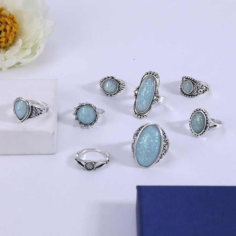 ANGLEQUEEN Western Turquoise Ring Set for Women Vintage Turquoise Rings Country Concert Outfits Boho Jewelry Bohemian Cowboy Cowgirl Accessorie (B-Green) - Image 3